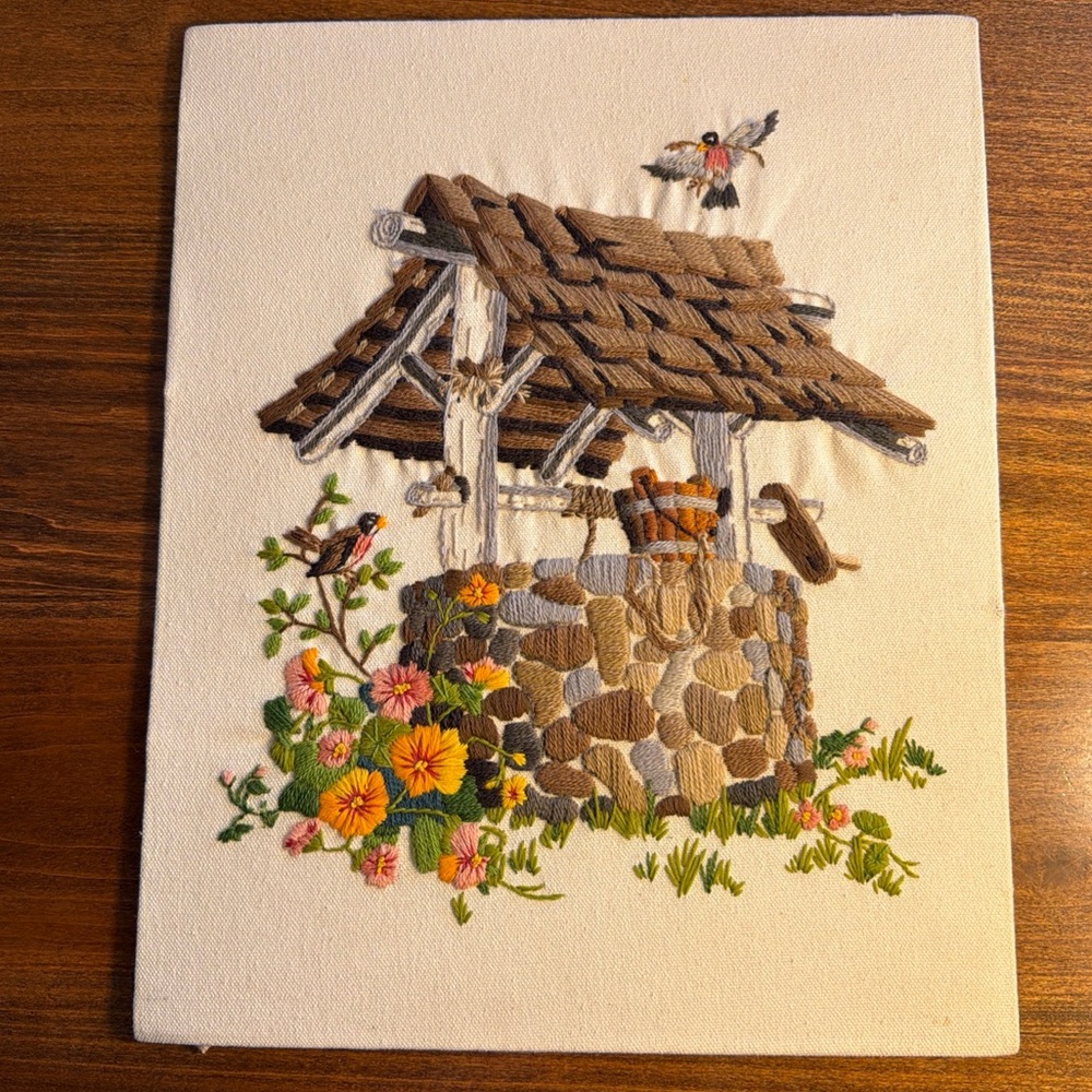 Vintage Sunset Stitchery Floral Embroidered Wishing Well Completed